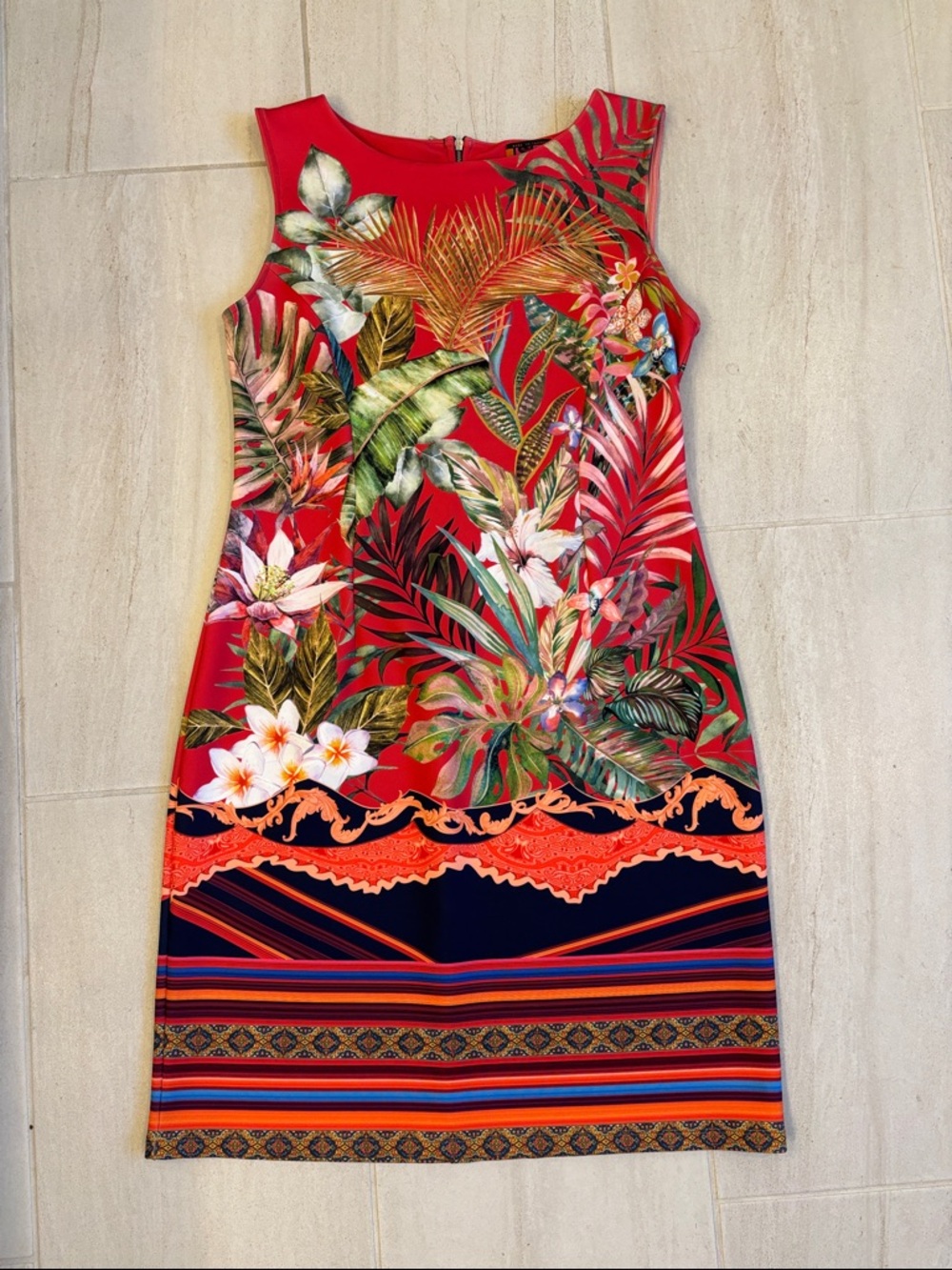 Tropical Red Sleeveless Midi Dress with Botanical Print